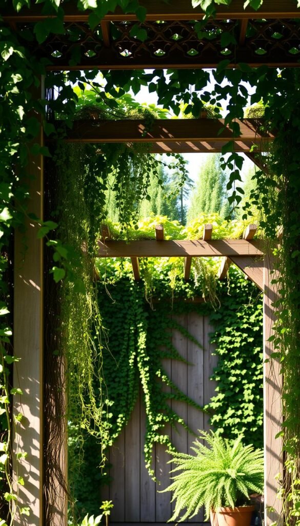 Vertical garden structures with lush climbing plants cascading down. A sunlit arbor framing the scene, its intricate latticework creating dappled shadows. In the foreground, trellises adorned with vibrant vines, their tendrils weaving an intricate tapestry. The middle ground features a pergola, its sturdy beams supporting a canopy of trailing foliage. The background showcases a rustic wooden fence, partially obscured by a verdant wall of climbing plants, adding depth and a sense of enclosure. The overall atmosphere is one of natural tranquility, with warm lighting and a relaxed, inviting mood. Vertical garden structures with lush climbing plants cascading down. A sunlit arbor framing the scene, its intricate latticework creating dappled shadows. In the foreground, trellises adorned with vibrant vines, their tendrils weaving an intricate tapestry. The middle ground features a pergola, its sturdy beams supporting a canopy of trailing foliage. The background showcases a rustic wooden fence, partially obscured by a verdant wall of climbing plants, adding depth and a sense of enclosure. The overall atmosphere is one of natural tranquility, with warm lighting and a relaxed, inviting mood.