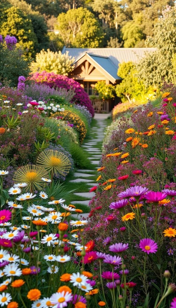 Vibrant floral tapestry in an Australian cottage garden, overflowing with native blooms in a kaleidoscope of colors. Foreground filled with swaying daisies, kangaroo paws, and brilliant wattle flowers. Middle ground showcases a meandering path, flanked by dense foliage in shades of green, purple, and gold. In the background, a quaint timber-framed cottage nestled amongst a lush, informal landscape, bathed in warm afternoon light. Soft, diffused shadows create depth and texture, evoking a sense of tranquility and natural harmony. The essence of an Oz-inspired cottage oasis, bursting with the rich hues and textures of Australia's native flora.