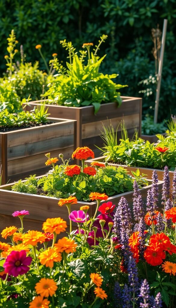 Vibrant, lush raised garden beds surrounded by a verdant backdrop. Wooden planters filled with thriving vegetables and herbs, their leaves glistening in the warm, golden sunlight. In the foreground, a mix of colorful flowers - bright marigolds, cascading petunias, and fragrant lavender - creating a harmonious, welcoming scene. The beds are elevated, showcasing their practical design and allowing for easy access and maintenance. The overall composition conveys the advantages of raised gardening - improved soil quality, better drainage, and reduced strain on the back. A sense of tranquility and productivity permeates the image, inspiring the viewer to consider the benefits of this modern gardening technique. Vibrant, lush raised garden beds surrounded by a verdant backdrop. Wooden planters filled with thriving vegetables and herbs, their leaves glistening in the warm, golden sunlight. In the foreground, a mix of colorful flowers - bright marigolds, cascading petunias, and fragrant lavender - creating a harmonious, welcoming scene. The beds are elevated, showcasing their practical design and allowing for easy access and maintenance. The overall composition conveys the advantages of raised gardening - improved soil quality, better drainage, and reduced strain on the back. A sense of tranquility and productivity permeates the image, inspiring the viewer to consider the benefits of this modern gardening technique.