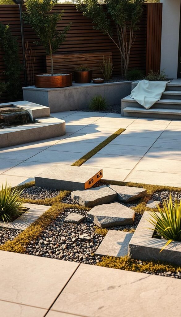 a detailed, high-quality, photorealistic image of modern hardscape materials in a contemporary garden setting, including a variety of textures and finishes such as smooth concrete pavers, angular stone tiles, metal water features, and minimalist wood accents. The scene is illuminated by warm, natural lighting from the side, casting dramatic shadows and highlights to emphasize the materiality. The materials are arranged in a clean, geometric layout that creates a sense of visual harmony and sophistication. The overall atmosphere is sleek, serene, and inviting, reflecting the transition from traditional to modern garden design.