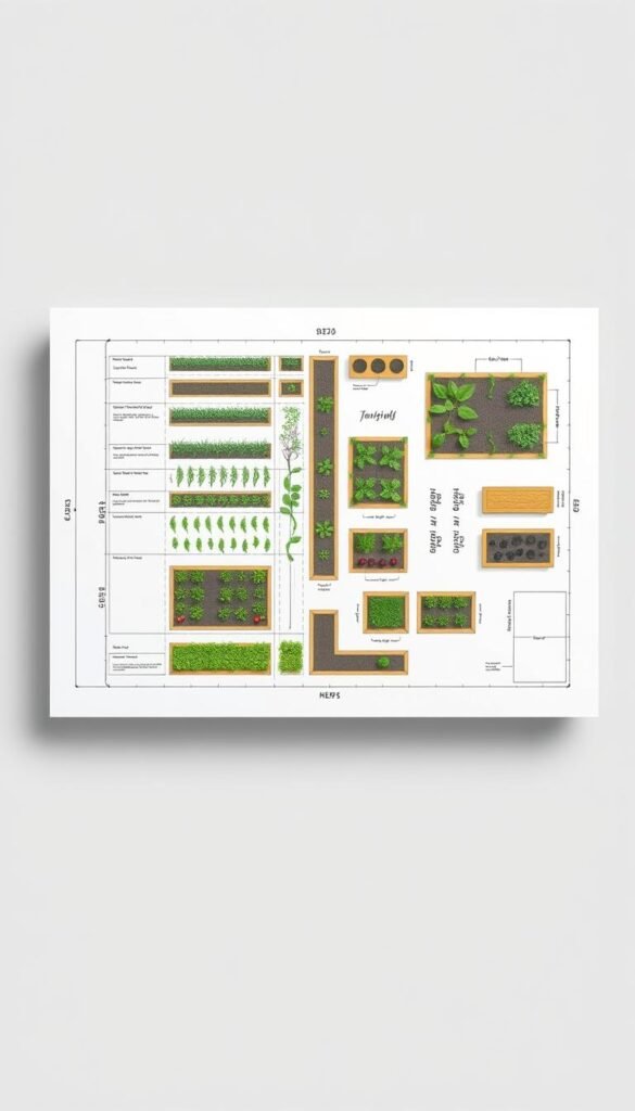 a highly detailed, technical diagram of a raised garden bed layout and planning, shown in an isometric view with a clean, minimalist aesthetic. the diagram includes a grid layout with precise measurements, designated planting areas for different types of vegetables and herbs, pathways, and other key design elements. the lighting is bright and evenly distributed, with a soft, natural feel. the overall composition is well-balanced, conveying a sense of order and organization. the mood is one of practical utility and functional design, suitable for use in an educational gardening article.