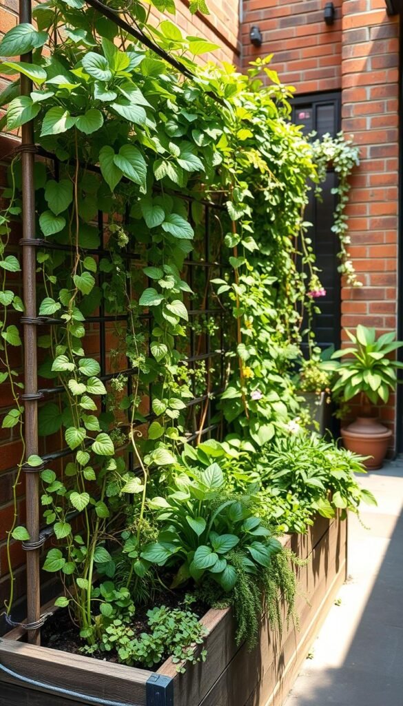 a lush, vertical garden in a small urban space, showcasing the benefits of this sustainable solution. In the foreground, a raised garden bed with a sturdy trellis system, covered in thriving vines and climbing plants. The middle ground features a variety of leafy greens, herbs, and colorful flowers cascading down the trellis, creating a vibrant, multi-layered display. The background depicts a cozy, sun-dappled patio or balcony, surrounded by brick walls or fencing, emphasizing the compact nature of the setting. The lighting is soft and warm, accentuating the verdant foliage and creating a serene, inviting atmosphere. The perspective is slightly elevated, allowing the viewer to appreciate the vertical arrangement and space-saving benefits of this urban gardening solution.