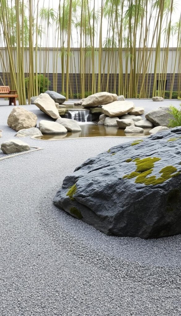 a serene zen garden with a smooth raked gravel path winding through a minimalist landscape of natural elements. in the foreground, a large basalt rock formation with textured surfaces and soft moss accents. in the middle ground, a gentle waterfall cascades into a tranquil pond, surrounded by carefully placed boulders and stones. in the background, a backdrop of tall bamboo shoots sway gently in the breeze, creating a calming atmosphere. the scene is bathed in soft, diffused natural light, highlighting the earthy tones and organic textures of the garden. the overall composition evokes a sense of balance, simplicity and introspection.