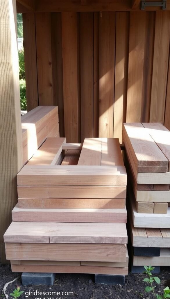 cedar lumber planks stacked neatly in a rustic outdoor garden setting, natural lighting from above casts soft shadows, the wood has a warm, weathered texture, the boards are arranged in various sizes suitable for raised garden bed construction, the scene conveys a sense of simplicity and practicality for a DIY gardening project