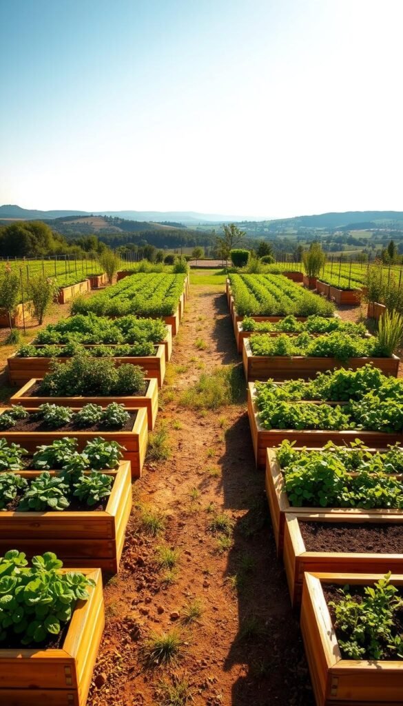 A beautifully designed raised garden bed layout, illuminated by warm, natural lighting. In the foreground, a neatly arranged grid of raised planting boxes, their wooden frames standing in sharp contrast to the lush greenery within. In the middle ground, a meandering path invites exploration, flanked by well-tended rows of thriving vegetables and herbs. In the background, a picturesque landscape unfolds, with rolling hills and a clear, blue sky overhead, creating a serene and inviting atmosphere. The composition is balanced and harmonious, showcasing the key considerations for designing an aesthetically pleasing and functional box garden.