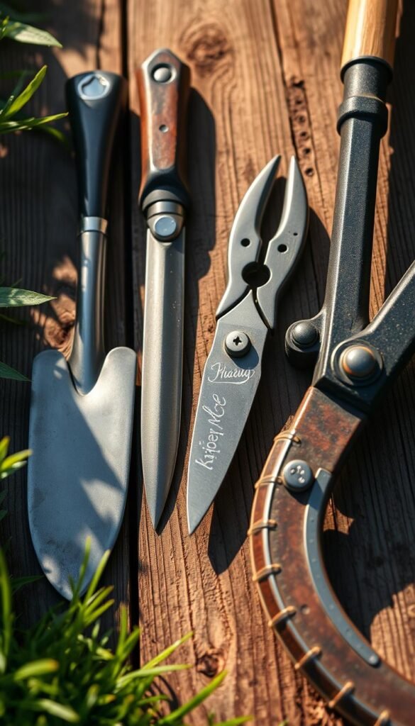 A beautifully lit, close-up shot of a collection of high-quality garden edging tools arranged on a rustic wooden surface. The tools include a sharp spade, a heavy-duty pruning shears, a sturdy hand trowel, and a well-maintained lawn edger. The lighting is warm and natural, casting soft shadows and highlighting the intricate details of the tools' craftsmanship. The composition emphasizes the tools' functionality and the care required to maintain crisp, well-defined garden borders.