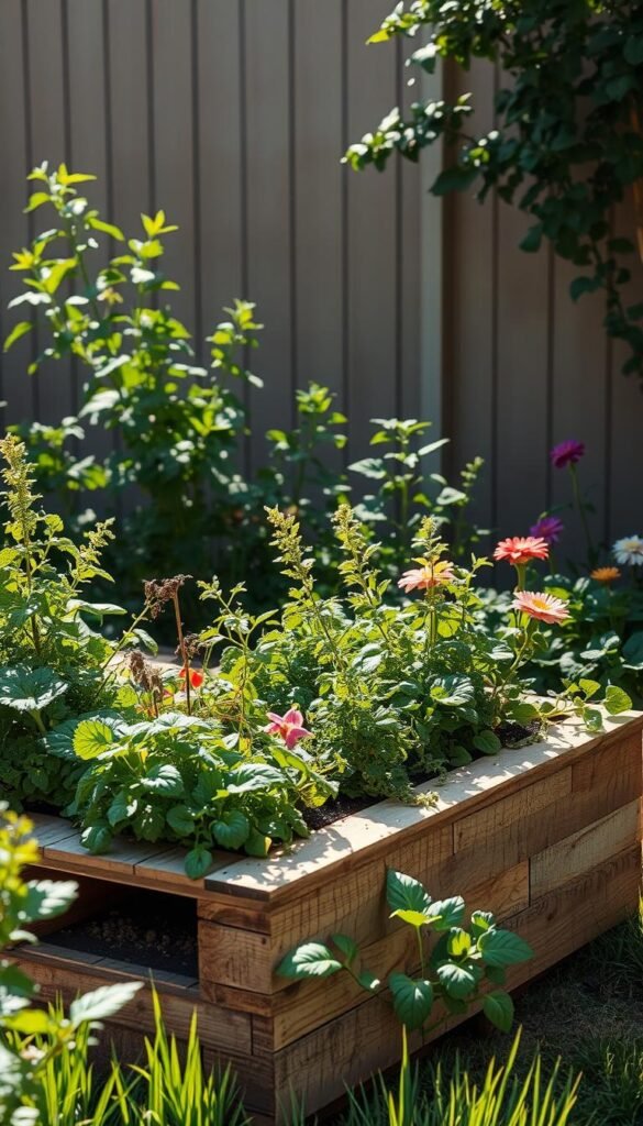 A beautifully-lit, minimalist garden scene with a rustic yet modern DIY raised garden bed made of reclaimed wooden pallets. The bed is filled with lush, thriving greenery - a variety of herbs, leafy greens, and vibrant flowers. Sunlight filters softly through the leaves, casting gentle shadows. In the background, a simple, clean-lined fence or garden wall frames the scene. The overall vibe is one of eco-conscious, sustainable style - a perfect illustration of contemporary, minimalist yard design.