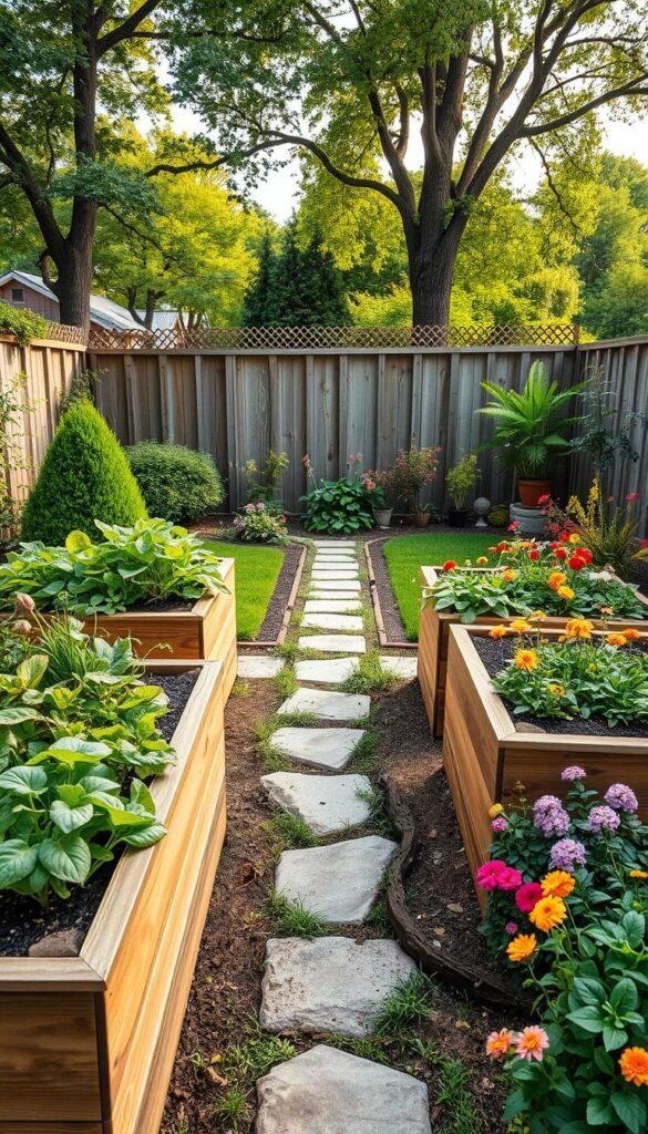 A beautifully lit, wide-angle photograph of a well-designed raised garden bed system in a lush, verdant backyard. The foreground features a wooden, multi-tiered raised bed filled with thriving vegetable plants, herbs, and flowers. The middle ground showcases a serene stone pathway leading to the beds, flanked by neatly trimmed shrubs and a colorful array of blooming perennials. In the background, a picturesque wooden fence and a canopy of mature trees create a natural, inviting ambiance. The lighting is soft, diffused, and evenly distributed, highlighting the vibrant colors and textures of the garden elements. The overall composition conveys the tranquility, productivity, and practical benefits of incorporating raised garden beds into a modern, sustainable home landscape.