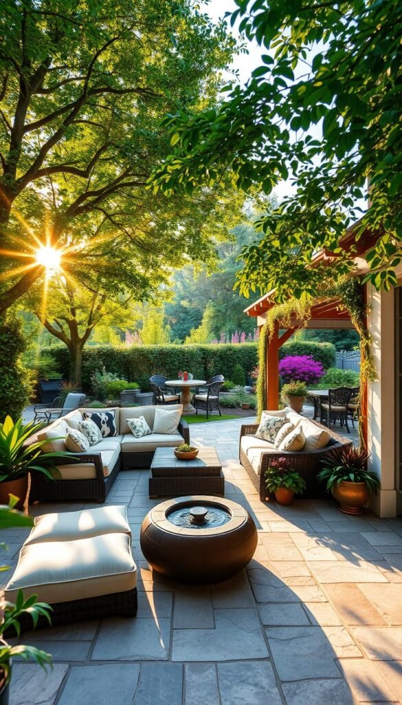 A beautifully manicured outdoor living space with a cozy seating area surrounded by lush greenery. Sunlight filters through the canopy of mature trees, casting a warm, golden glow. In the foreground, a comfortable sectional sofa and plush ottomans invite relaxation, while a low-slung coffee table anchors the arrangement. Lush potted plants and a small water feature add a soothing ambiance. The middle ground features a stone patio with intricate paving patterns, complemented by a wooden pergola draped with cascading vines. In the background, a well-tended garden bursts with vibrant flowers and shrubs, creating a serene and inviting atmosphere.