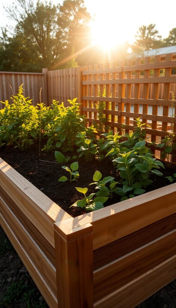 A beautifully manicured raised garden bed set against a warm, golden afternoon sun. The removable fence, crafted from sturdy wooden slats, gently frames the vibrant greenery within. Soft shadows dance across the soil, hinting at the ideal balance of light and shade. The fence's modular design allows for easy access and customization, while providing a sense of structure and protection for the flourishing plants. A subtle, earthy color palette complements the natural setting, creating a harmonious and inviting outdoor oasis. Captured with a wide-angle lens to showcase the full extent of the bed and fence, allowing the viewer to appreciate the thoughtful integration of form and function. A beautifully manicured raised garden bed set against a warm, golden afternoon sun. The removable fence, crafted from sturdy wooden slats, gently frames the vibrant greenery within. Soft shadows dance across the soil, hinting at the ideal balance of light and shade. The fence's modular design allows for easy access and customization, while providing a sense of structure and protection for the flourishing plants. A subtle, earthy color palette complements the natural setting, creating a harmonious and inviting outdoor oasis. Captured with a wide-angle lens to showcase the full extent of the bed and fence, allowing the viewer to appreciate the thoughtful integration of form and function.