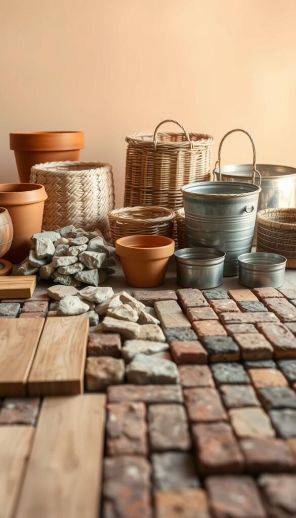 A carefully composed still life showcasing an array of raised bed materials. In the foreground, a selection of natural wood planks, smooth river stones, and rustic brick pavers are arranged in an orderly display. The middle ground features terra cotta pots, woven wicker baskets, and galvanized steel containers, each with a distinct texture and finish. The background subtly fades into a softly lit, neutral-toned environment, allowing the materials to take center stage. The overall scene is illuminated by warm, diffused lighting, casting gentle shadows and highlights to accentuate the unique qualities of each raised bed option. The mood is one of serene contemplation, inviting the viewer to consider the various materials and their suitability for a round raised garden bed design. A carefully composed still life showcasing an array of raised bed materials. In the foreground, a selection of natural wood planks, smooth river stones, and rustic brick pavers are arranged in an orderly display. The middle ground features terra cotta pots, woven wicker baskets, and galvanized steel containers, each with a distinct texture and finish. The background subtly fades into a softly lit, neutral-toned environment, allowing the materials to take center stage. The overall scene is illuminated by warm, diffused lighting, casting gentle shadows and highlights to accentuate the unique qualities of each raised bed option. The mood is one of serene contemplation, inviting the viewer to consider the various materials and their suitability for a round raised garden bed design.