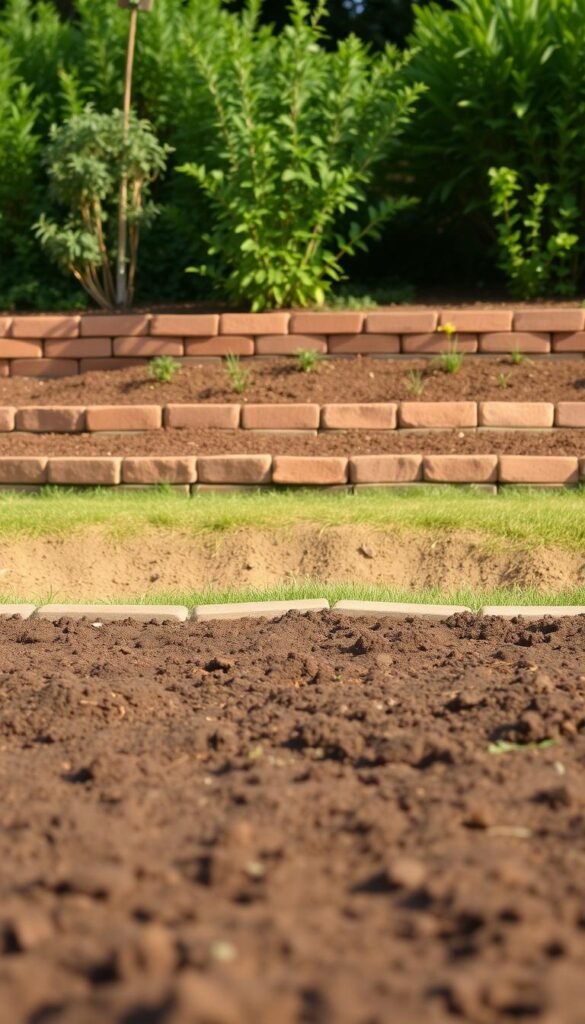 A carefully leveled garden bed with neatly arranged retaining walls, situated on a gently sloping terrain. The foreground showcases a well-tilled soil surface, ready for planting. In the middle ground, sturdy retaining walls, built with interlocking bricks, create a stepped effect, allowing for a level planting area. The background features lush greenery, hinting at the vibrant vegetation that will soon flourish. Warm, natural lighting illuminates the scene, casting soft shadows and highlighting the textures of the materials. A harmonious blend of functionality and aesthetic appeal, capturing the essence of effective leveling techniques for garden beds on a slope.