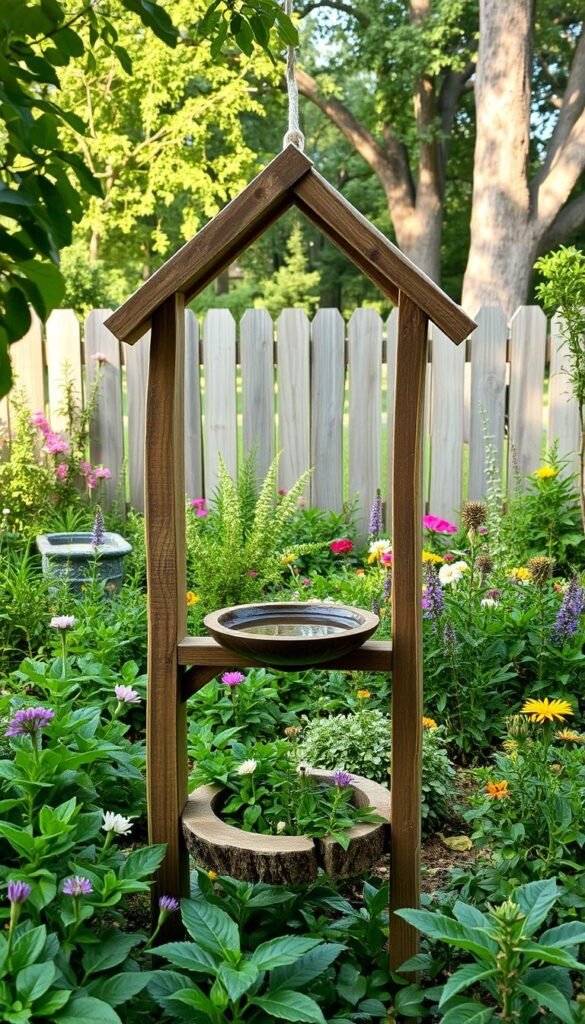 A charming DIY bird bath structure stands in a lush garden, its rustic wooden frame and basin nestled amid vibrant foliage. Soft, natural lighting bathes the scene, highlighting the intricate textures and organic forms. In the foreground, the birdbath's basin gently reflects the surrounding greenery, inviting feathered friends to bathe and drink. The middle ground showcases a variety of flowering plants and shrubs, creating a welcoming oasis for birds and pollinators. In the background, a picturesque wooden fence and mature trees frame the serene composition, evoking a sense of tranquility and rural charm. This artfully crafted DIY bird bath structure is the centerpiece of a beautifully designed garden, radiating a warm, inviting atmosphere.