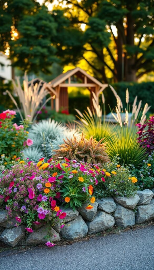 A charming compact garden border, bursting with vibrant blooms and lush foliage. In the foreground, a delicate mix of colorful perennials and trailing vines cascade over a low stone wall, creating a captivating focal point. The middle ground features a carefully curated arrangement of compact shrubs and ornamental grasses, their textures and hues complementing the surrounding plantings. In the background, a soft-focus glimpse of a quaint garden shed or trellis, framed by a canopy of mature trees, adds depth and a sense of tranquility. Warm, golden-hour lighting filters through the scene, casting a gentle glow and accentuating the border's natural beauty. The overall composition exudes a welcoming, inviting atmosphere, perfectly capturing the charm of a small but meticulously designed garden space.
