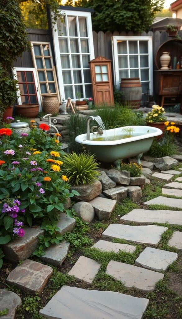 A charming cottage garden border with an array of creative hardscaping solutions. In the foreground, a rustic stone path winds through lush greenery and colorful flowers. Stepping stones and reclaimed bricks create an organic, informal layout. Mid-ground features a striking water feature - a repurposed vintage bathtub filled with flowing water and aquatic plants. In the background, an eclectic mix of repurposed objects like old windows, barrels, and antique furniture add whimsical character. Warm, soft lighting filters through the scene, casting a cozy, inviting ambiance. The overall composition exudes a sense of thrifty ingenuity and a harmonious blend of nature and DIY elements.