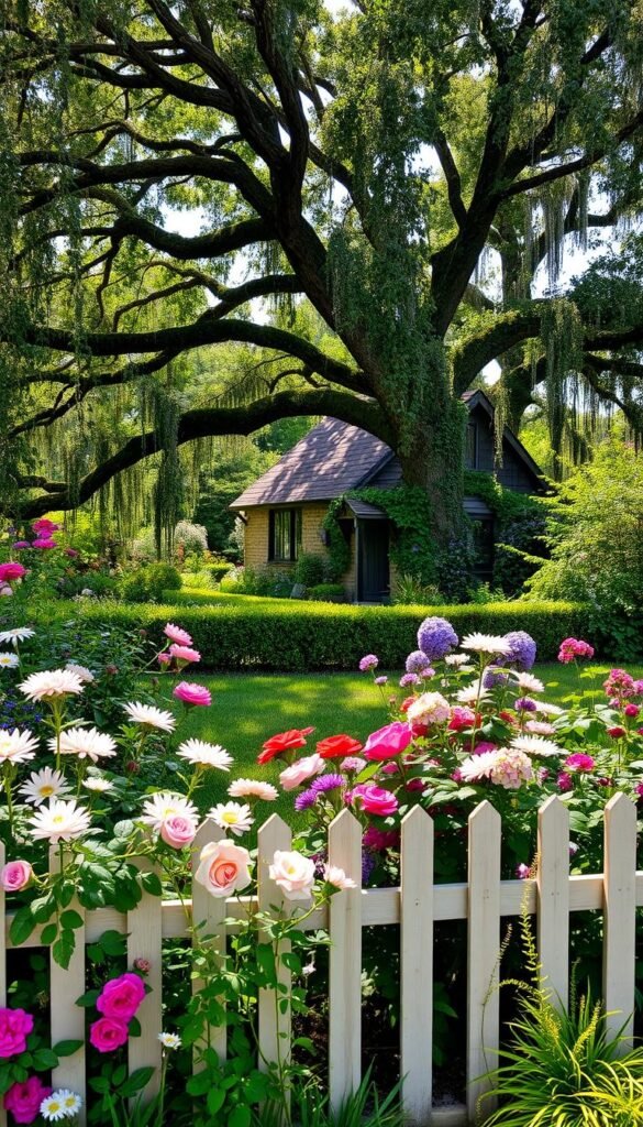 A charming cottage garden bursting with colorful blooms and lush foliage. In the foreground, a quaint picket fence frames a bountiful display of fragrant flowers - delicate roses, cheerful daisies, and cascading vines. Beyond, a low, neatly trimmed hedge lines the garden's edge, creating a sense of cozy enclosure. Dappled sunlight filters through the canopy of an ancient oak tree, casting a warm, inviting glow over the scene. In the distance, a modest cottage nestled among trailing ivy and climbing wisteria completes the idyllic pastoral vision. An atmosphere of rustic elegance and timeless tranquility pervades the tranquil cottage garden.