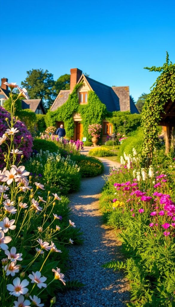 A charming cottage garden in the early 19th century, overflowing with a vibrant tapestry of blooms. In the foreground, delicate pastel flowers sway gently in a soft breeze, their petals catching the warm, golden light. Beyond, a winding gravel path leads the eye through a lush, overgrown landscape, where colorful perennials and rambling vines create a sense of enchantment. In the distance, the weathered facade of a quaint historical cottage nestles amidst a sea of greenery, its windows glowing with a welcoming ambiance. Overhead, a clear, azure sky adds a sense of tranquility to this idyllic, time-honored scene. A charming cottage garden in the early 19th century, overflowing with a vibrant tapestry of blooms. In the foreground, delicate pastel flowers sway gently in a soft breeze, their petals catching the warm, golden light. Beyond, a winding gravel path leads the eye through a lush, overgrown landscape, where colorful perennials and rambling vines create a sense of enchantment. In the distance, the weathered facade of a quaint historical cottage nestles amidst a sea of greenery, its windows glowing with a welcoming ambiance. Overhead, a clear, azure sky adds a sense of tranquility to this idyllic, time-honored scene.