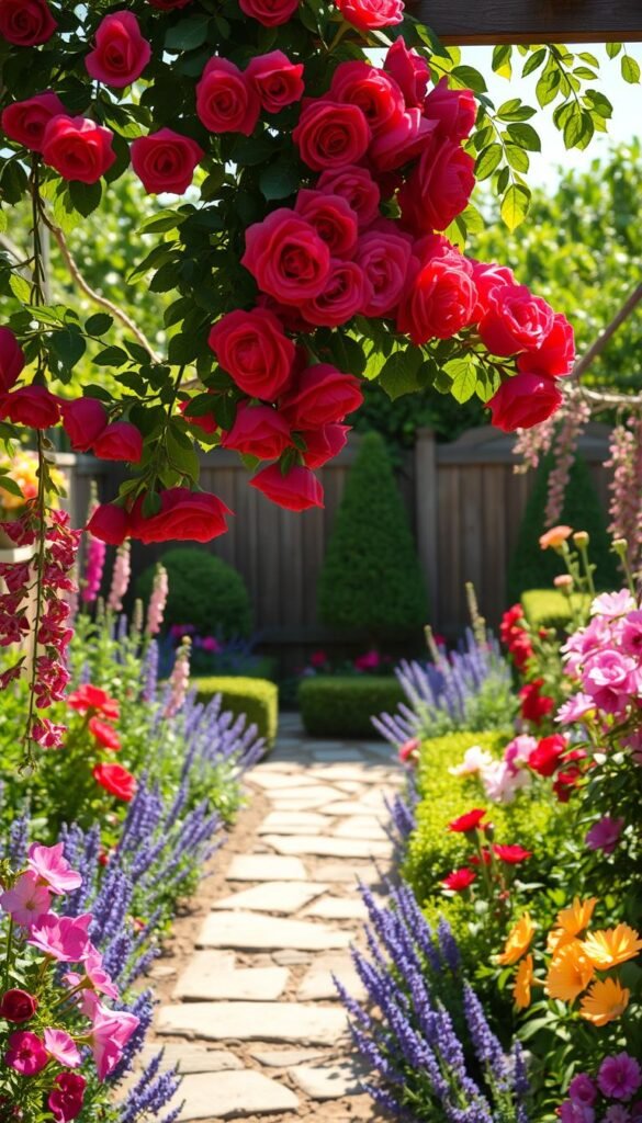 A charming cottage garden oasis, awash in warm sunlight and lush with vibrant blooms. In the foreground, a trellis overflows with cascading crimson roses, their petals gently unfurling. Surrounding them, a tapestry of colorful cottage garden favorites - delphinium, hollyhocks, lavender, and fragrant peonies. In the middle ground, a meandering stone path leads the eye deeper into the scene, flanked by neatly trimmed boxwood hedges. The background features a quaint wooden fence, softened by the trailing vines of sweet peas and clematis. The overall atmosphere is one of peaceful tranquility, inviting the viewer to step inside and lose themselves in the beauty of this verdant retreat.