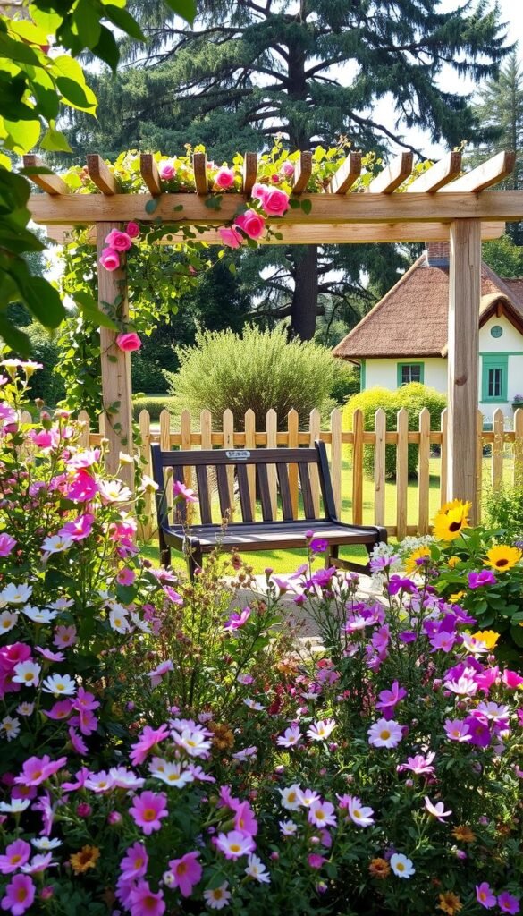 A charming cottage garden scene, sunlight filtering through lush foliage. In the foreground, an abundance of colorful flowers in a whimsical, overgrown arrangement - delicate blooms in shades of pink, purple, and yellow, intertwined with cascading vines. In the middle ground, a rustic wooden bench nestled beneath a beautifully weathered arbor, draped with climbing roses. In the background, a picket fence and a glimpse of a quaint cottage, its painted walls and thatched roof framed by towering trees. The scene evokes a sense of tranquility and timeless beauty, a perfect oasis for quiet contemplation.