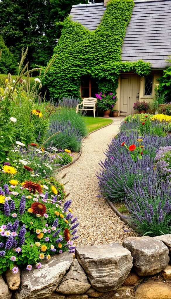 A charming cottage garden scene with a natural, rustic border. In the foreground, a lush mix of perennials and annuals spills over a low stone wall, their vibrant colors and textures creating a cascading, organic look. In the middle ground, a winding gravel path leads the eye deeper into the garden, framed by drifts of fragrant lavender and whimsical, nodding flowers. The background features a cozy, ivy-covered cottage, its weathered wood and slate roof complementing the earthy, inviting atmosphere. Soft, natural lighting filters through the scene, casting gentle shadows and highlighting the intricate details of the garden's bounty. The overall impression is one of effortless beauty and an embrace of affordable, sustainable garden design.