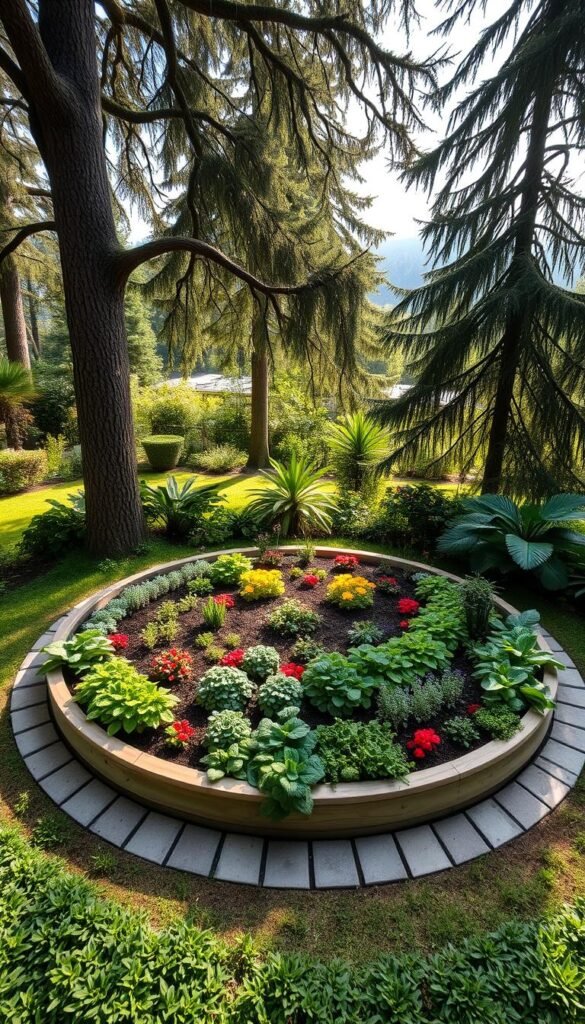 A circular raised garden bed with a paved walkway surrounding it, nestled in a lush, verdant landscape. The bed is filled with a vibrant mix of vegetables, herbs, and flowering plants, arranged in a visually appealing and organized manner. Tall, mature trees frame the scene, casting gentle shadows and providing a sense of depth and tranquility. The lighting is soft and natural, with the sun peeking through the foliage, creating a warm and inviting atmosphere. The camera angle is slightly elevated, offering a panoramic view of the well-designed, functional garden layout, showcasing its efficient use of space and harmonious integration with the surrounding environment. A circular raised garden bed with a paved walkway surrounding it, nestled in a lush, verdant landscape. The bed is filled with a vibrant mix of vegetables, herbs, and flowering plants, arranged in a visually appealing and organized manner. Tall, mature trees frame the scene, casting gentle shadows and providing a sense of depth and tranquility. The lighting is soft and natural, with the sun peeking through the foliage, creating a warm and inviting atmosphere. The camera angle is slightly elevated, offering a panoramic view of the well-designed, functional garden layout, showcasing its efficient use of space and harmonious integration with the surrounding environment.