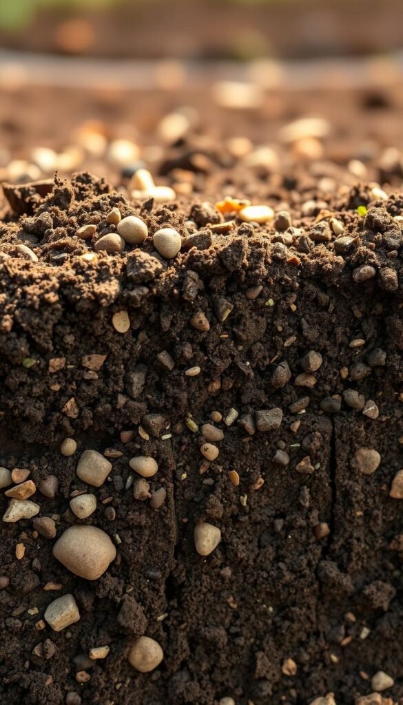 A close-up, high-resolution cross-section of a thriving raised garden bed, showcasing the layered soil composition. The foreground features a mixture of dark, crumbly compost, rich topsoil, and a scattering of small pebbles and stones, all expertly blended to create a nutrient-dense growing medium. The middle ground reveals the different soil horizons, including a layer of well-decomposed organic matter and a transition into the underlying mineral soil. The background is softly blurred, drawing the viewer's attention to the intricate details of the soil profile. Warm, natural lighting illuminates the scene, highlighting the earthy tones and textures. Captured with a macro lens, this image provides a detailed, educational view of the optimal soil composition for a productive raised garden bed. A close-up, high-resolution cross-section of a thriving raised garden bed, showcasing the layered soil composition. The foreground features a mixture of dark, crumbly compost, rich topsoil, and a scattering of small pebbles and stones, all expertly blended to create a nutrient-dense growing medium. The middle ground reveals the different soil horizons, including a layer of well-decomposed organic matter and a transition into the underlying mineral soil. The background is softly blurred, drawing the viewer's attention to the intricate details of the soil profile. Warm, natural lighting illuminates the scene, highlighting the earthy tones and textures. Captured with a macro lens, this image provides a detailed, educational view of the optimal soil composition for a productive raised garden bed.