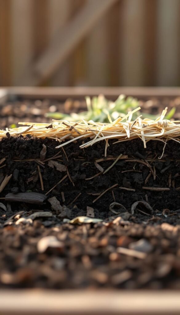 A close-up photograph of a raised garden bed, showcasing the various layers of organic materials used for healthy plant growth. In the foreground, a mixture of compost, decomposed leaves, and shredded bark create a rich, dark-colored layer. Moving upward, a middle layer of loosely packed straw and dried grass clippings adds aeration and moisture retention. The background features a soft, hazy focus, with the edges of the garden bed gently blurred, drawing the viewer's attention to the intricate textures and colors of the layered materials. The lighting is natural, with a warm, golden glow illuminating the scene, creating a serene and inviting atmosphere.