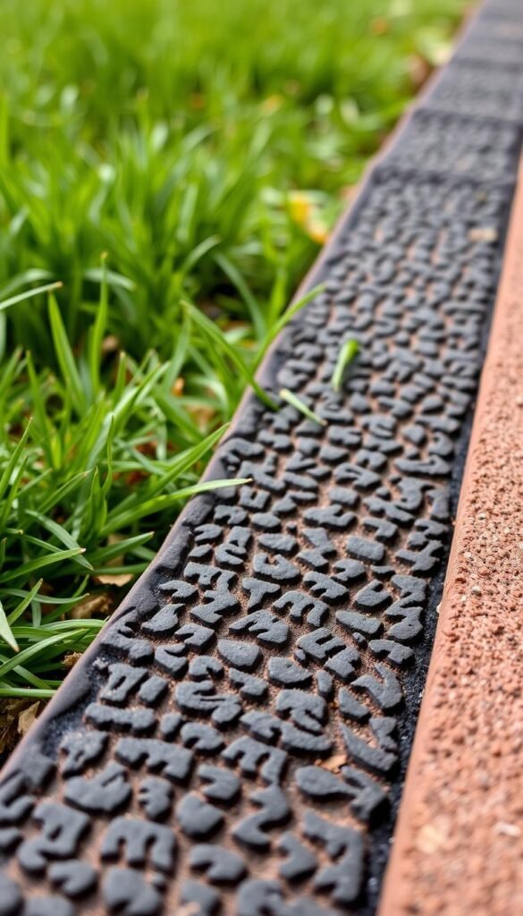 A close-up photograph of recycled rubber edging with a textured, durable surface in a vibrant earthy tone. The edging lies on a soft, lush green grass backdrop, creating a natural, eco-friendly composition. Soft, diffused lighting from above gently accentuates the intricate patterns and uneven contours of the recycled rubber, conveying a sense of sustainability and rustic charm. The image is captured at a low angle, filling the frame with the detailed, tactile qualities of the recycled material, inviting the viewer to appreciate its practical and environmentally-conscious applications in a simple garden setting.