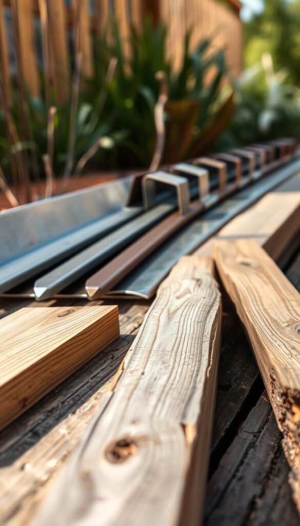 A close-up shot of various wood and metal edging materials, laid out on a rustic wooden surface. The foreground features a collection of timber edging pieces, including rough-sawn pine, smooth oak, and weathered cedar, with their natural grains and textures prominently displayed. In the middle ground, there are different metal edging options, such as sleek steel strips, rugged iron bars, and corrugated aluminum edges, each with their own unique shine and patina. The background is softly blurred, creating a focus on the materials themselves. The lighting is warm and natural, casting gentle shadows that accentuate the tactile qualities of the edging components. This composition showcases the diverse range of materials and finishes available for creating beautiful and functional garden borders.