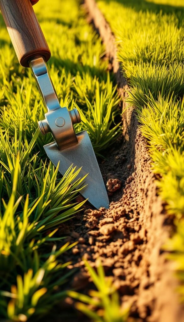 A close-up view of a hand-operated trenching tool cutting a clean, defined edge along the border of a lush, green lawn. The sharp steel blade slices effortlessly through the soil, creating a crisp, straight line. The tool's wooden handle is firmly gripped, with the user's fingers carefully positioned for maximum control. The scene is bathed in warm, golden sunlight, casting long shadows and highlighting the rich, earthy tones of the exposed soil. The surrounding grass is a vibrant, verdant hue, contrasting beautifully with the exposed trench. The image conveys a sense of precision, order, and the satisfying process of transforming a lawn's untidy edges into a polished, well-defined garden border.