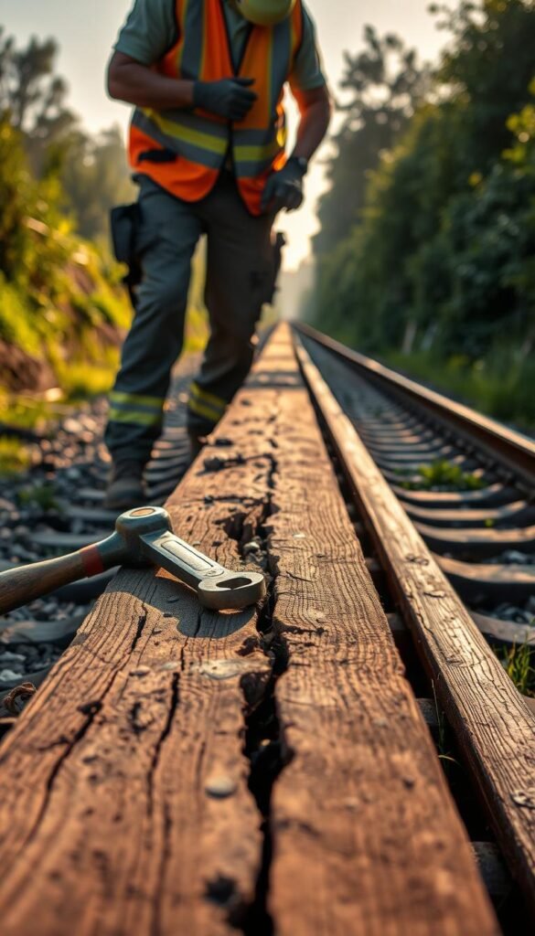 A close-up view of a worker meticulously inspecting and maintaining railway sleepers. The foreground features a weathered wooden sleeper with tools and equipment such as a sledgehammer, wrench, and spike puller lying nearby. In the middle ground, a worker dressed in a high-visibility vest and safety gear carefully examines the sleeper, ensuring its structural integrity. The background depicts a stretch of railroad tracks disappearing into the distance, surrounded by lush greenery and a warm, golden-hour lighting that casts a rustic, tranquil atmosphere. The scene conveys the importance of diligent maintenance in preserving the heavy-duty foundation of a railway garden raised bed.