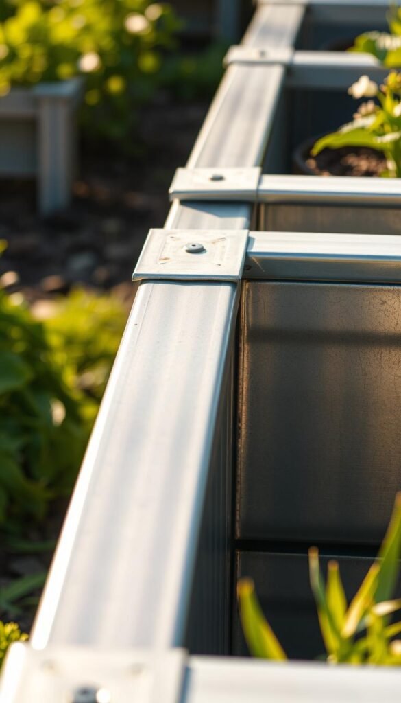 A close-up view of galvanized steel raised garden bed materials, bathed in warm, natural lighting. The smooth, reflective steel surfaces glimmer, with a slight patina that adds character. The frame has a sturdy, modular design, with clean lines and robust corners. Thick, durable steel panels line the sides, creating a sturdy, long-lasting structure. The materials appear weather-resistant and low-maintenance, perfect for an outdoor gardening setup. The overall aesthetic is sleek, modern, and well-suited for a variety of garden styles and environments.