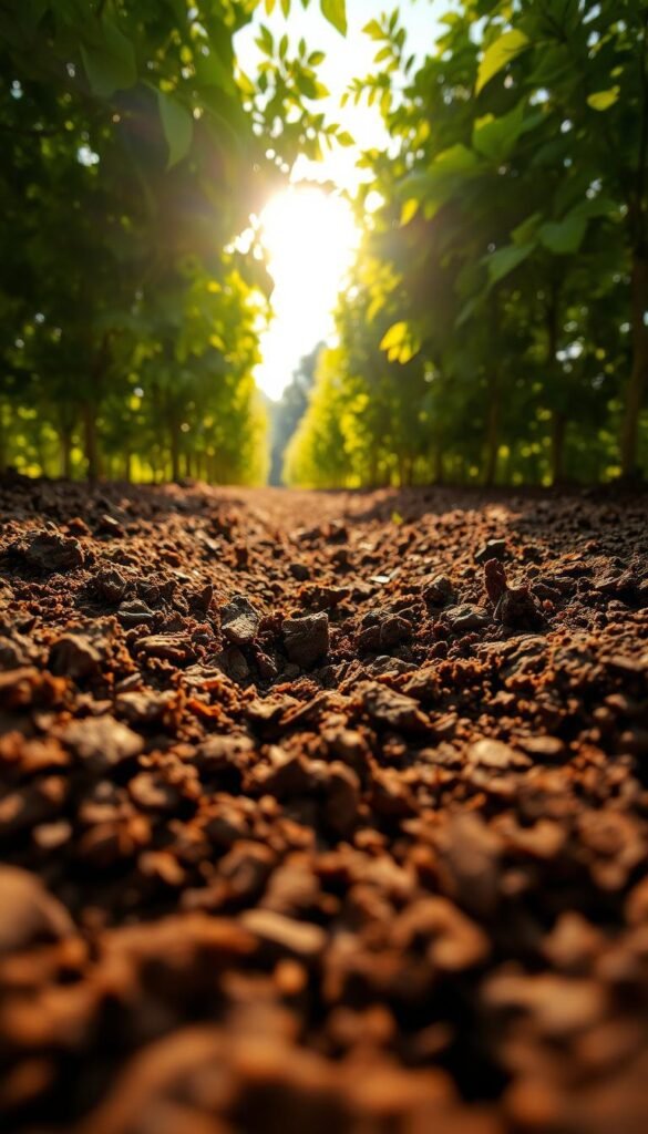 A close-up view of rich, fertile garden soil, meticulously evaluated for its composition and texture. The soil is a deep, earthy brown, with visible organic matter and a crumbly structure that hints at its nutrient-dense nature. Sunlight filters through the canopy of lush, verdant foliage, casting a warm, golden glow over the scene. The camera angle is low, emphasizing the importance of understanding the foundations of a bountiful edible garden. The image conveys a sense of care, attention to detail, and the vital role that healthy soil plays in the success of a thriving, productive garden.