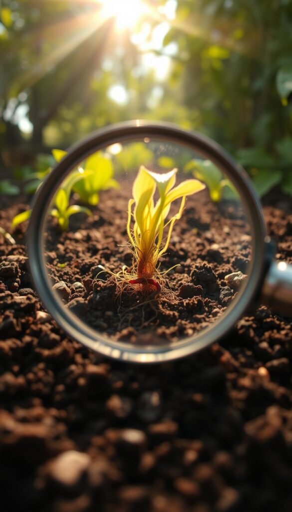 A close-up view of soil in a sunlit garden, with a magnifying glass inspecting the texture and composition. The foreground showcases rich, dark loamy soil with visible organic matter and small pebbles. The middle ground reveals a profusion of delicate plant roots and earthworms burrowing through the earth. Soft, warm sunlight filters through the leafy canopy overhead, casting a gentle glow over the scene. The angle is slightly elevated, creating a sense of scientific examination and observation. The overall mood is one of curious exploration, highlighting the vital role of healthy soil in a thriving garden ecosystem.
