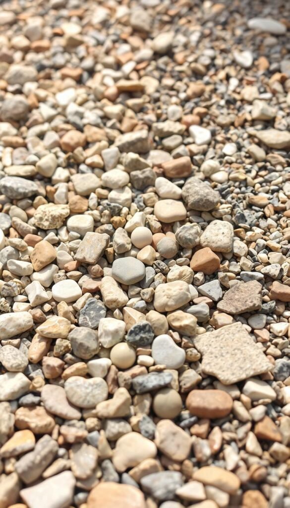 A close-up view of various gravel and stone materials, including smooth pebbles, angular rocks, and crushed granite, arranged in a natural-looking garden setting. The lighting is soft and diffused, casting gentle shadows that accentuate the textural details of the materials. The image is framed from a slightly elevated angle, giving a sense of depth and showcasing the diverse range of sizes, shapes, and colors of the aggregates. The overall mood is earthy, organic, and inviting, highlighting the versatility of these materials for creating visually appealing and practical garden edges and borders.