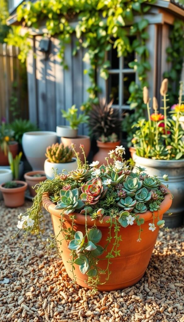 A cozy container garden, bathed in warm afternoon light. In the foreground, a terracotta planter overflows with a vibrant mix of succulents, trailing vines, and delicate flowers. Soft, earthy mulch cushions the base, complementing the natural textures. In the middle ground, a cluster of mismatched pots in varying sizes and hues, each brimming with lush, varied foliage. The background showcases a garden shed, its weathered wood and verdant vines creating a charming, rustic backdrop. The overall scene exudes a sense of effortless, budget-friendly elegance, inviting the viewer to imagine their own personalized oasis.