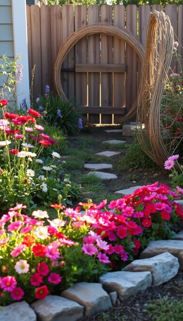 A cozy cottage garden with a charming array of edging materials. In the foreground, a rustic stone border outlines a lush bed of vibrant perennials, their petals dancing in the warm, golden sunlight. In the middle ground, a delicate woven willow border frames a pathway leading deeper into the garden, its gentle curves guiding the viewer's eye. In the background, a quaint wooden fence serves as a backdrop, its weathered planks adding to the garden's timeless appeal. The overall scene exudes a sense of tranquility and thrifty elegance, perfectly reflecting the essence of a budget-friendly cottage garden border.