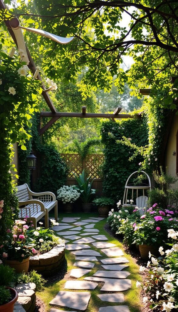 A cozy cottage garden with lush, vibrant borders surrounding inviting seating nooks and an ornate, sun-dappled arbor. Soft natural light filters through the overhead foliage, casting a warm, welcoming glow over the scene. Delicate flowers in pastel hues dot the well-manicured beds, complementing the rustic wood and stone elements. A winding stone path leads visitors through the charming outdoor oasis, beckoning them to pause, relax, and soak in the tranquil atmosphere.