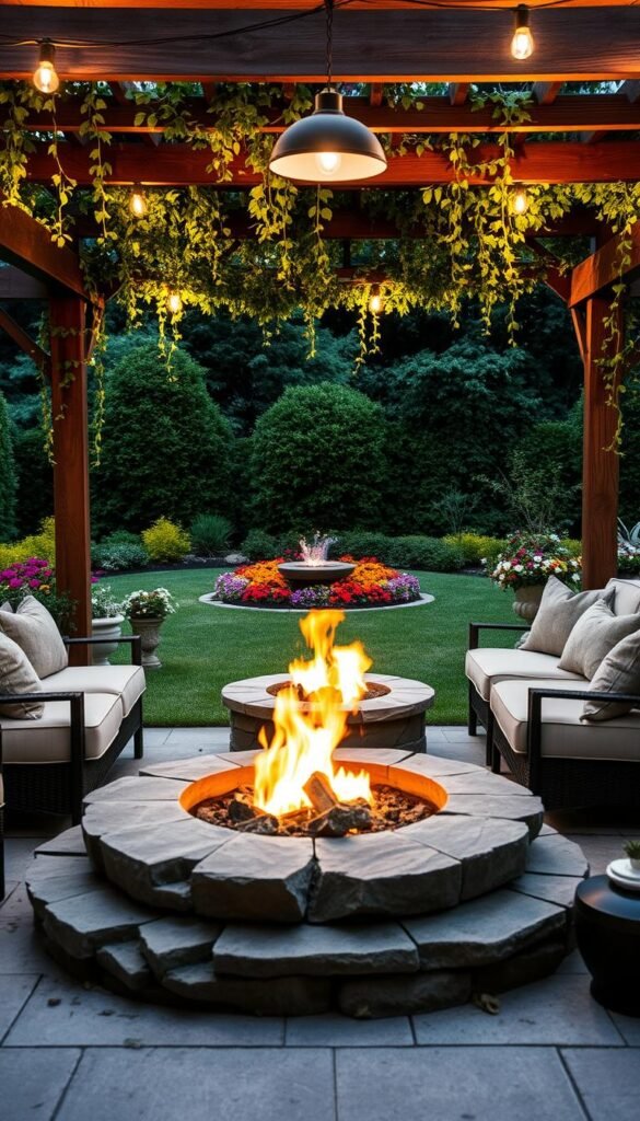 A cozy fire pit seating area nestled in a lush garden oasis. In the foreground, a circular stone fire pit with a crackling blaze casts a warm glow across the scene. Surrounding it, plush outdoor sofas and armchairs invite guests to relax and bask in the ambiance. The middle ground features a well-manicured lawn dotted with vibrant flower beds and potted plants, creating a serene and inviting atmosphere. In the background, a wooden pergola draped with cascading vines and twinkling string lights adds to the intimate, romantic mood. Soft, diffused lighting from the fire and overhead fixtures illuminates the area, casting dramatic shadows and highlighting the natural textures of the materials. An idyllic setting for outdoor gatherings and unwinding on cool evenings.