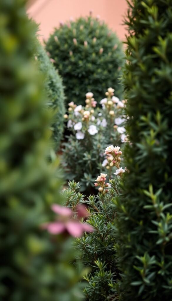 A cozy garden nook showcasing a harmonious arrangement of compact shrubs in varied hues and textures. In the foreground, lush evergreen foliage in shades of emerald and sage frames the scene, creating a sense of intimacy. Midground features delicate flowering shrubs with softly colored blossoms, adding pops of color and visual interest. The background features a muted, out-of-focus boundary, allowing the shrubs to take center stage. Warm, diffused lighting casts a gentle glow, evoking a serene and inviting atmosphere. Captured with a wide-angle lens to emphasize the compact, low-growing nature of the plants, the image captures the essence of understated elegance and unobtrusive charm.