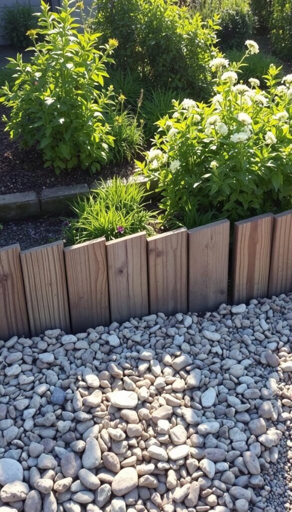 A cozy, natural-looking garden edging made from reclaimed wood planks, arranged in a rustic, staggered pattern along the border of a lush, verdant flower bed. The sun casts a warm, golden glow over the scene, illuminating the weathered texture of the wood and the vibrant colors of the surrounding foliage. In the foreground, a scattering of loose stones creates a charming, informal path leading into the garden. The overall atmosphere conveys a sense of simplicity, practicality, and harmony with the natural environment.