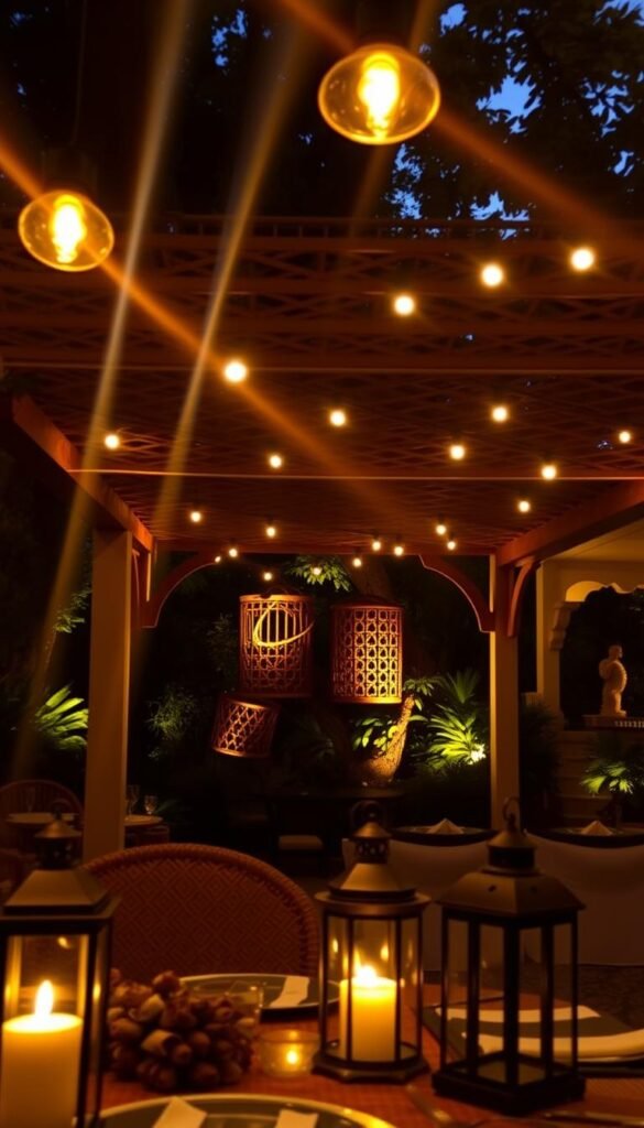 A cozy outdoor dining area bathed in warm, ambient lighting. Soft, diffused beams emanate from overhead string lights, casting a golden glow across the scene. In the foreground, elegant patio lanterns flicker, their gentle flames playing across the table setting. The middle ground features a stylish canopy or pergola, its intricate lattice work casting intriguing patterns of light and shadow. In the background, lush greenery and foliage create a sense of tranquility, while strategically placed spotlights highlight architectural details or sculptural elements. The overall atmosphere is one of relaxation and enchantment, perfect for an intimate al fresco dining experience. A cozy outdoor dining area bathed in warm, ambient lighting. Soft, diffused beams emanate from overhead string lights, casting a golden glow across the scene. In the foreground, elegant patio lanterns flicker, their gentle flames playing across the table setting. The middle ground features a stylish canopy or pergola, its intricate lattice work casting intriguing patterns of light and shadow. In the background, lush greenery and foliage create a sense of tranquility, while strategically placed spotlights highlight architectural details or sculptural elements. The overall atmosphere is one of relaxation and enchantment, perfect for an intimate al fresco dining experience.