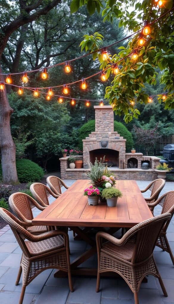 A cozy outdoor dining setup nestled in a lush garden, with a large wooden table surrounded by rattan chairs. Warm string lights hang overhead, casting a soft glow across the scene. In the background, a stone fireplace stands ready to provide comfort on chilly evenings. Potted plants and seasonal floral arrangements adorn the table, reflecting the current time of year. The ground is covered in natural stone pavers, blending seamlessly with the surrounding greenery. A gentle breeze rustles the leaves of nearby trees, creating a serene and inviting atmosphere for alfresco dining throughout the seasons. A cozy outdoor dining setup nestled in a lush garden, with a large wooden table surrounded by rattan chairs. Warm string lights hang overhead, casting a soft glow across the scene. In the background, a stone fireplace stands ready to provide comfort on chilly evenings. Potted plants and seasonal floral arrangements adorn the table, reflecting the current time of year. The ground is covered in natural stone pavers, blending seamlessly with the surrounding greenery. A gentle breeze rustles the leaves of nearby trees, creating a serene and inviting atmosphere for alfresco dining throughout the seasons.