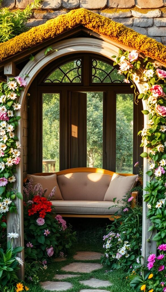 A cozy seating nook nestled in a lush cottage garden, framed by a whimsical floral arch. The nook features a plush, inviting bench surrounded by blooming flowers and verdant foliage. Warm, diffused natural light filters through the delicate petals, creating a serene, dreamy atmosphere. The arch is adorned with cascading vines and colorful blossoms, softening the edges and blending the nook seamlessly into the garden landscape. Weathered wooden beams and a rustic, moss-covered roof lend a charming, timeless quality to the scene. The overall composition evokes a sense of tranquility and invites the viewer to pause, relax, and immerse themselves in the beauty of this enchanting outdoor oasis.