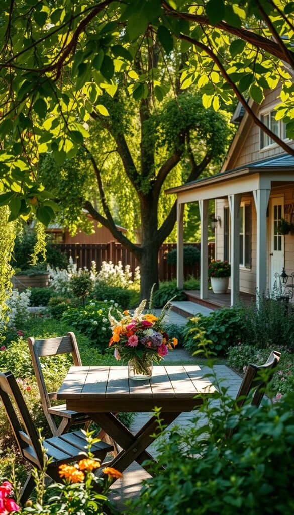 A cozy, sun-dappled patio nestled amidst a lush, flourishing garden. In the foreground, a weathered wooden table and chairs invite relaxation, adorned with a vibrant arrangement of freshly cut flowers. Surrounding this intimate gathering space, a tapestry of verdant foliage - blooming perennials, cascading vines, and towering trees that filter the warm light, casting a soft, inviting glow. In the distance, a charming home with weathered siding and a welcoming porch, its architecture seamlessly blending with the natural landscape. The scene radiates a sense of harmony and personal expression, where the boundaries between indoor and outdoor living have been artfully dissolved. A cozy, sun-dappled patio nestled amidst a lush, flourishing garden. In the foreground, a weathered wooden table and chairs invite relaxation, adorned with a vibrant arrangement of freshly cut flowers. Surrounding this intimate gathering space, a tapestry of verdant foliage - blooming perennials, cascading vines, and towering trees that filter the warm light, casting a soft, inviting glow. In the distance, a charming home with weathered siding and a welcoming porch, its architecture seamlessly blending with the natural landscape. The scene radiates a sense of harmony and personal expression, where the boundaries between indoor and outdoor living have been artfully dissolved.