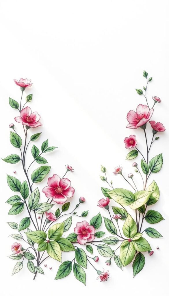 A delicate, hand-drawn border design featuring lush, verdant leaves, vibrant blooms, and soft, organic shapes. The intricate pattern is set against a clean, white background, allowing the intricate details to shine. Soft, natural lighting gently illuminates the design, creating a sense of depth and dimension. The overall aesthetic is refined, elegant, and perfect for adding a touch of beauty to a small garden or outdoor space.