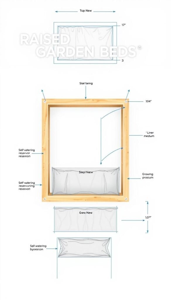 A detailed blueprint-style diagram of a raised garden bed, showcasing its step-by-step installation. The diagram features a precise top-down view, capturing the layout and dimensions of the raised bed with clear labels for each component. The foreground highlights the wooden frame, with a focus on the interlocking joints and sturdy construction. The middle ground showcases the soil layers, including the self-watering reservoir, liner, and growing medium. The background provides a clean, minimalist white backdrop, allowing the technical details to stand out. The overall mood is informative and instructional, with a technical, engineering-inspired aesthetic suitable for a how-to guide on self-watering raised garden beds.