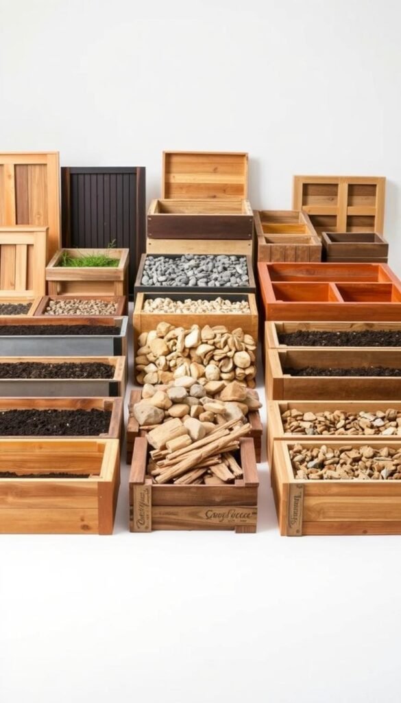 A detailed comparison of various raised bed materials arranged in a well-lit, studio-style setting. In the foreground, a selection of wood, metal, and composite raised bed kits are displayed, showcasing their distinct textures and finishes. In the middle ground, a variety of natural materials like stones, bricks, and recycled materials are shown, demonstrating alternative raised bed construction options. The background features a clean, neutral backdrop, allowing the focal materials to stand out. The lighting is soft and diffused, accentuating the three-dimensional qualities of the displayed elements. The overall mood is one of a carefully curated, informative product presentation, suitable for an educational gardening article.