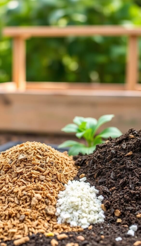 A detailed composition showcasing the key components of quality garden soil. In the foreground, various organic materials like compost, peat moss, and vermiculite are arranged neatly, their textures and colors clearly visible. In the middle ground, a raised garden bed frame is partially visible, hinting at the intended application. The background features a soft, blurred natural setting, with hints of lush greenery to convey a sense of a thriving, healthy garden. The lighting is natural and diffused, creating depth and highlighting the richness of the soil materials. The camera angle is slightly elevated, providing an informative, almost educational perspective on the subject matter.