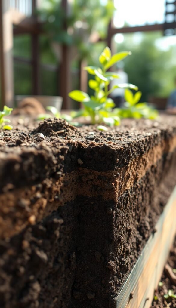 A detailed, cross-sectional view of a raised garden bed's soil composition, presented in a clear and informative manner. The image should showcase the various layers of the bed, including the topsoil, compost, and underlying soil, all rendered with a realistic and natural appearance. The lighting should be soft and diffused, creating a serene and inviting atmosphere that highlights the richness and texture of the soil. The camera angle should be slightly elevated, providing a comprehensive overview of the bed's structure and components, emphasizing the advantages of raised bed gardening. The overall mood should convey the benefits of this gardening method, such as improved drainage, reduced soil compaction, and enhanced nutrient content.